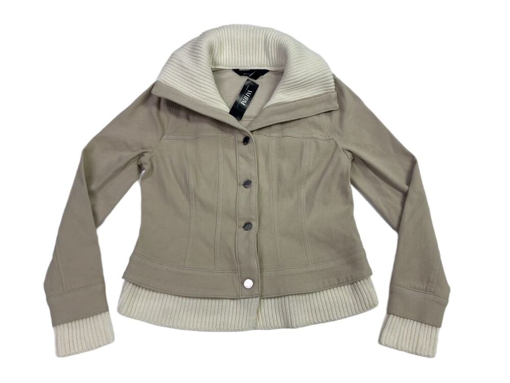White House Black Market Sweater Combo Jacket XS Beige Denim Knit Trim NWT $195